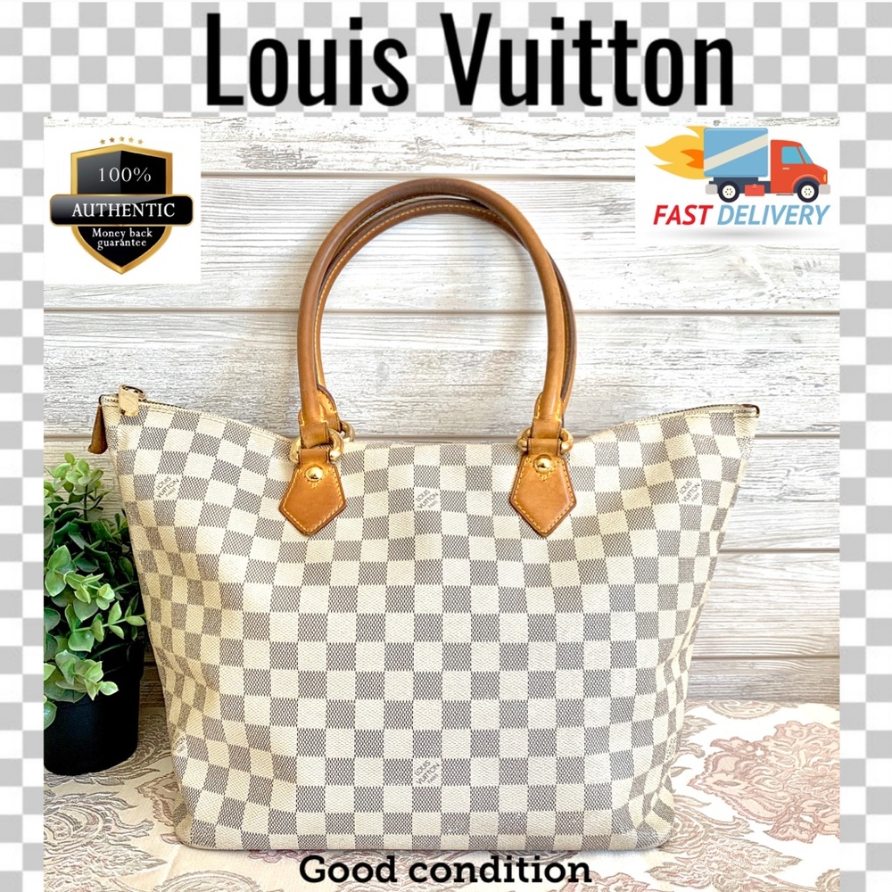 Louis Vuitton Damier Azur Canvas Tote with Tan Leather Handles